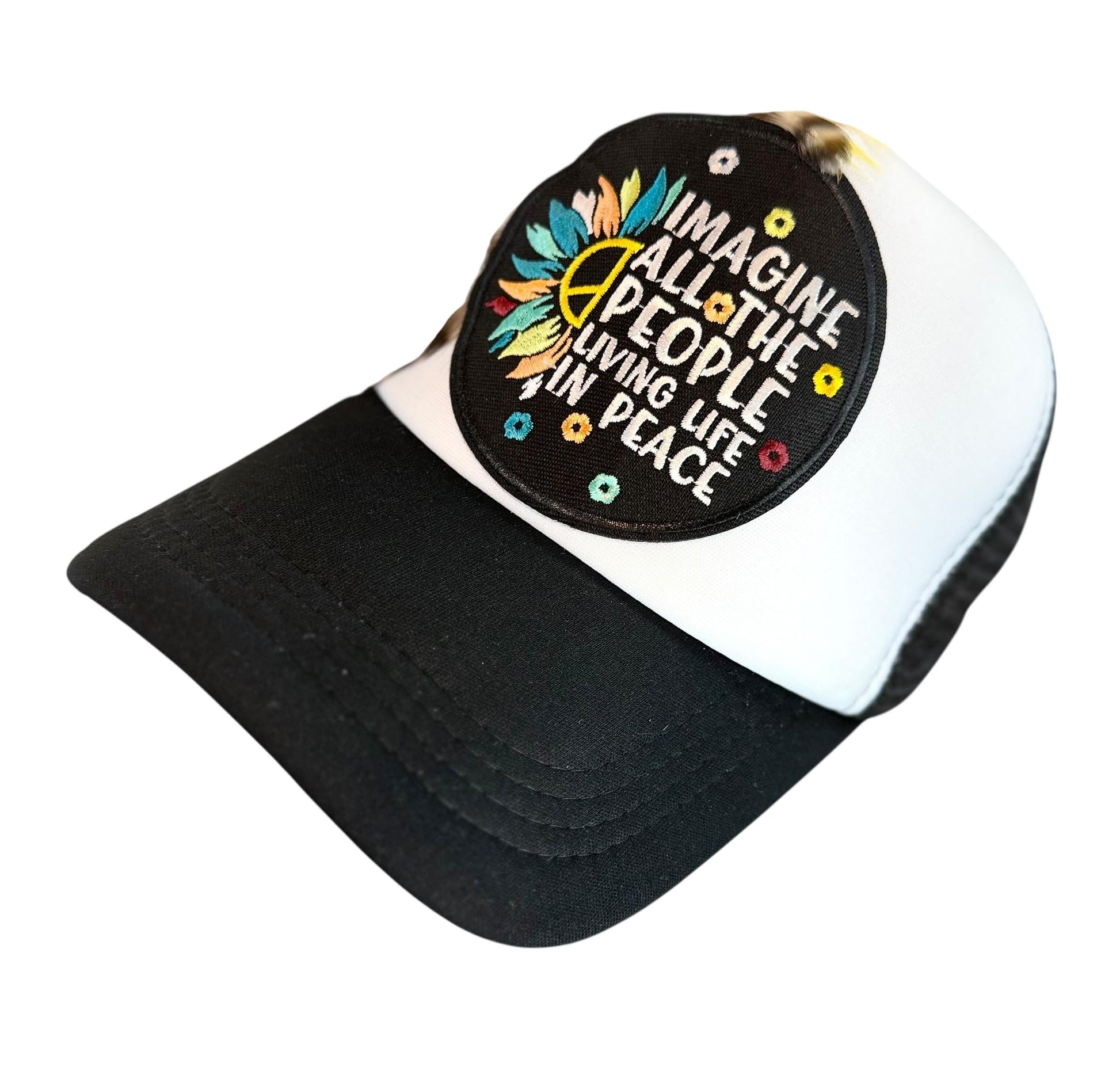 Peaceful Dreams Statement Patchwork and Feather Adorned Avant-Garde Fashionable Trucker & Beanie Hat