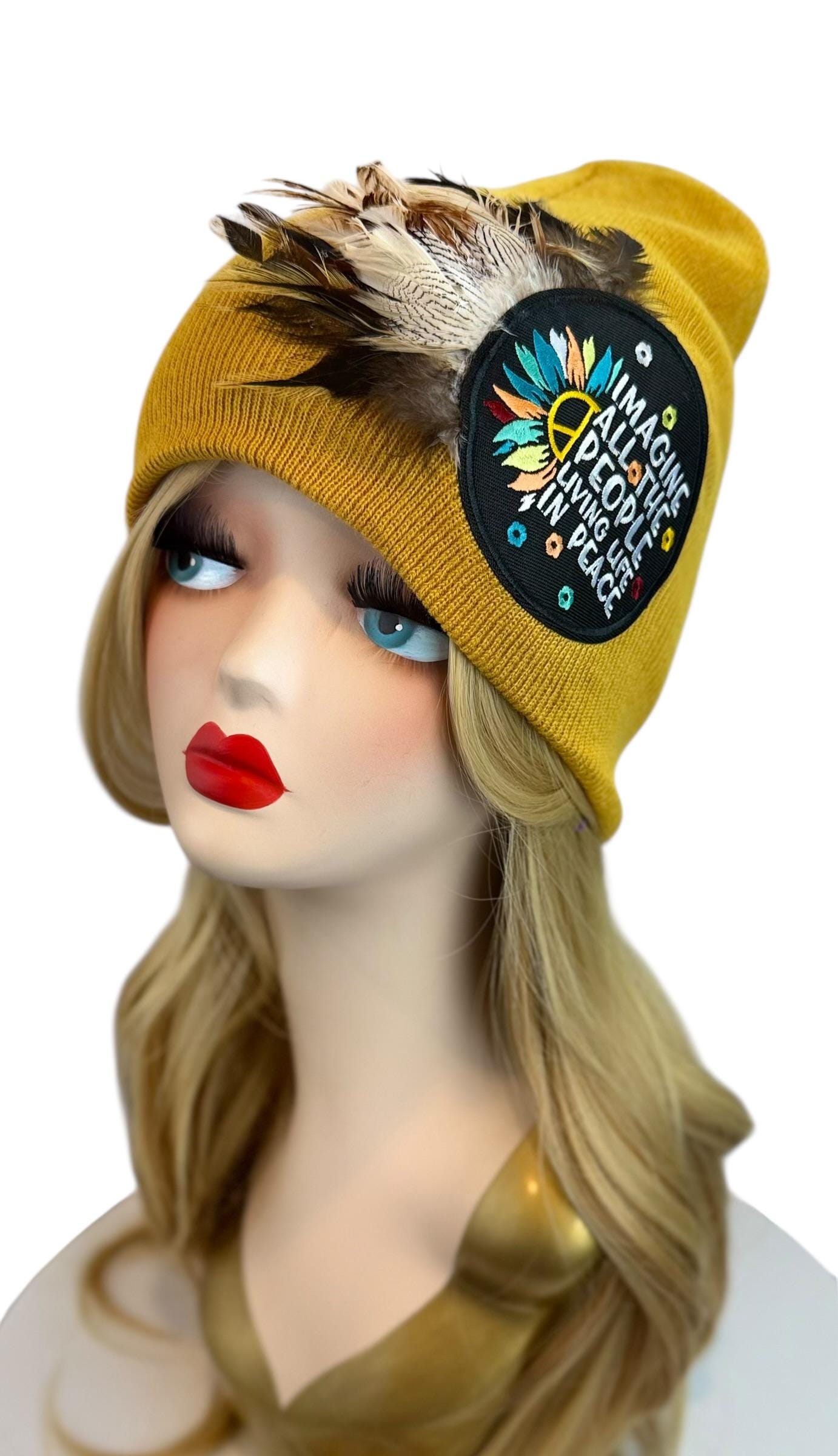 Peaceful Dreams Statement Patchwork and Feather Adorned Avant-Garde Fashionable Trucker & Beanie Hat