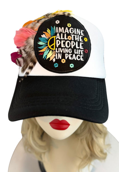 Peaceful Dreams Statement Patchwork and Feather Adorned Avant-Garde Fashionable Trucker & Beanie Hat