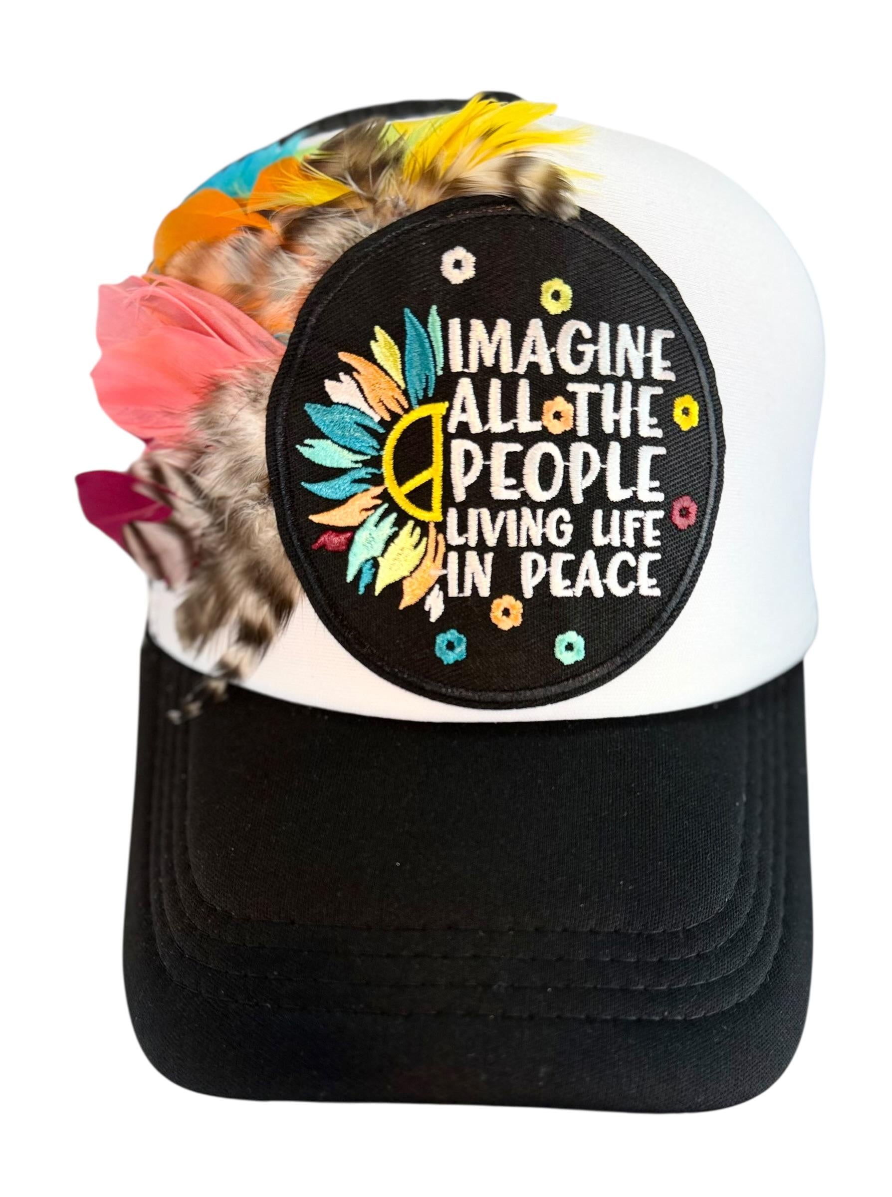 Peaceful Dreams Statement Patchwork and Feather Adorned Avant-Garde Fashionable Trucker & Beanie Hat