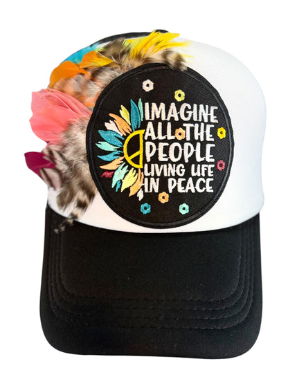 Peaceful Dreams Statement Patchwork and Feather Adorned Avant-Garde Fashionable Trucker & Beanie Hat