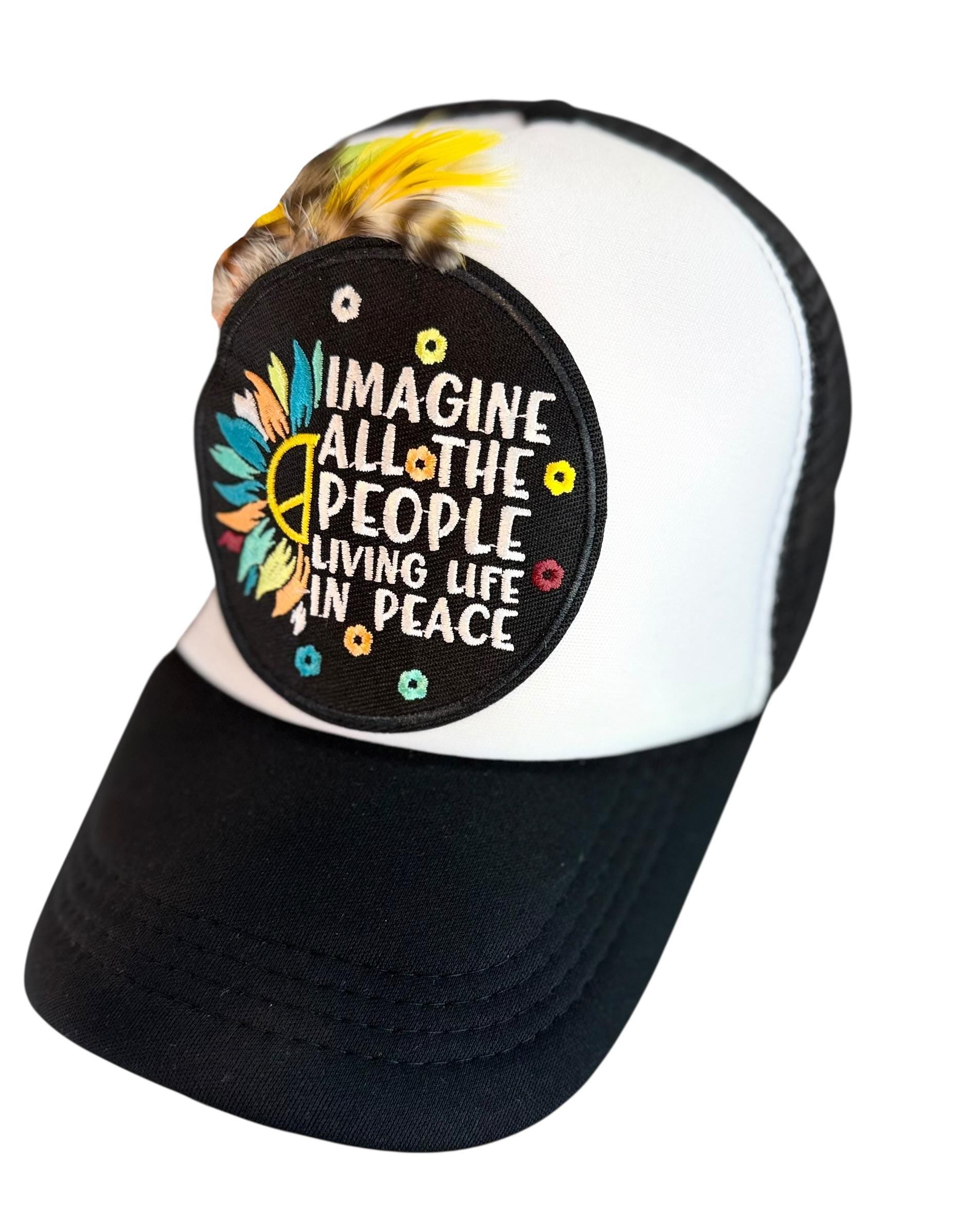 Peaceful Dreams Statement Patchwork and Feather Adorned Avant-Garde Fashionable Trucker & Beanie Hat