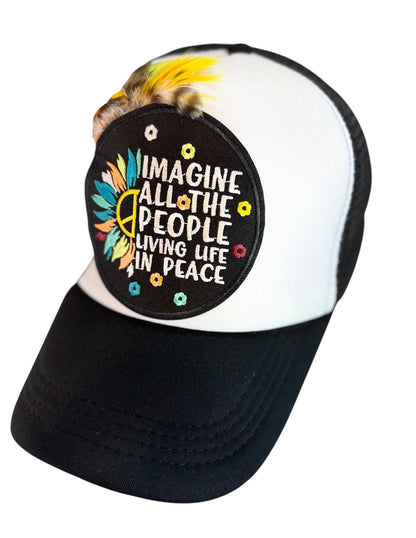 Peaceful Dreams Statement Patchwork and Feather Adorned Avant-Garde Fashionable Trucker & Beanie Hat