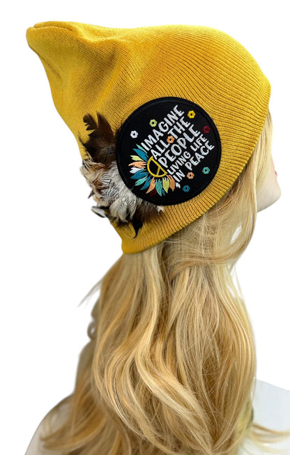 Peaceful Dreams Statement Patchwork and Feather Adorned Avant-Garde Fashionable Trucker & Beanie Hat