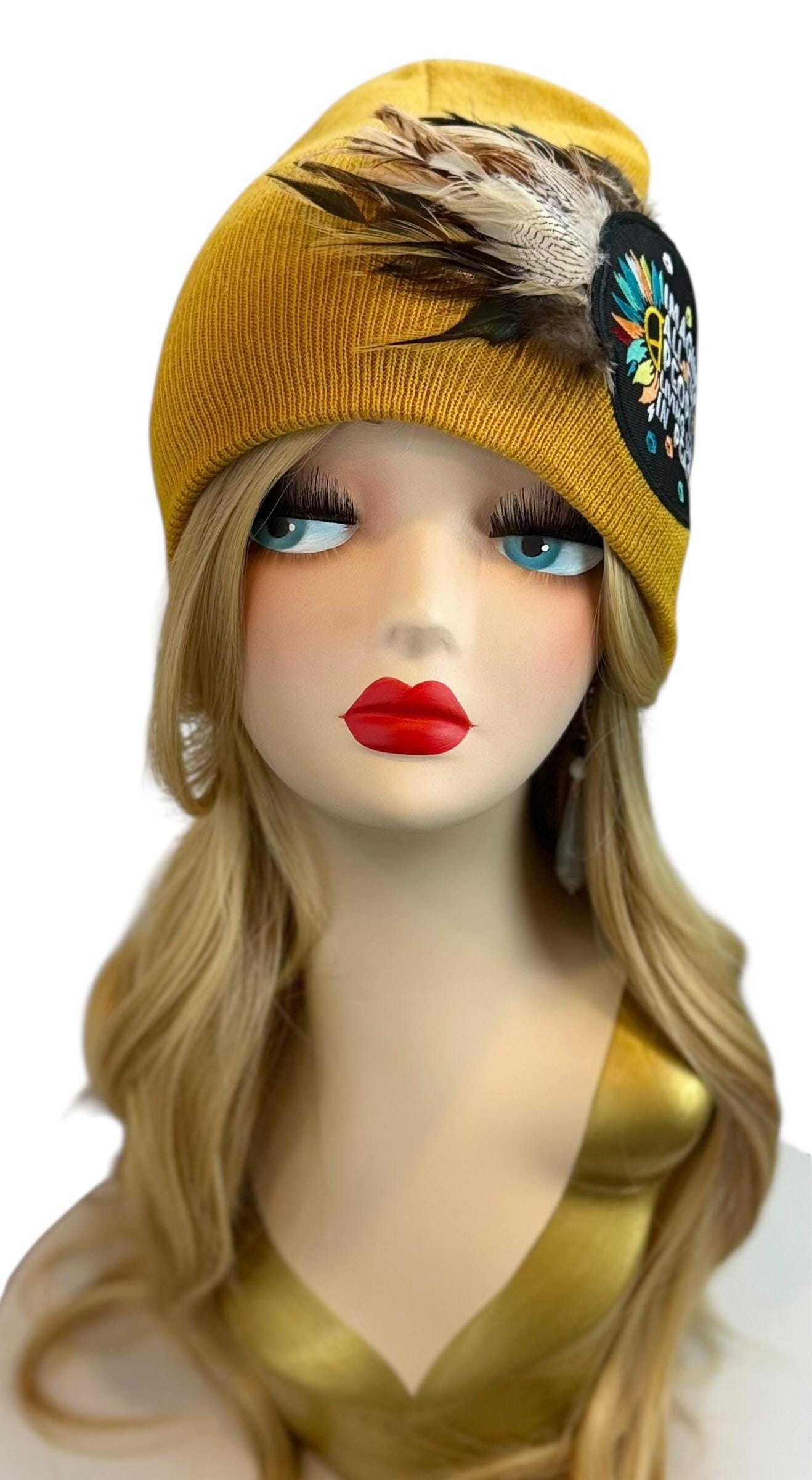Peaceful Dreams Statement Patchwork and Feather Adorned Avant-Garde Fashionable Trucker & Beanie Hat