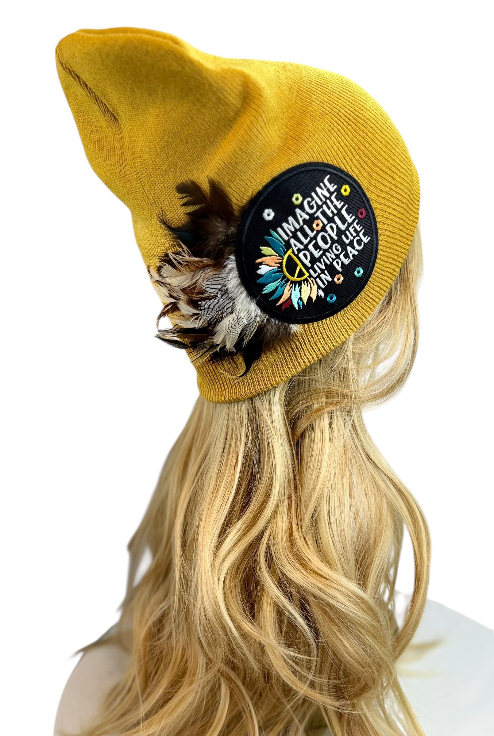 Peaceful Dreams Statement Patchwork and Feather Adorned Avant-Garde Fashionable Trucker & Beanie Hat