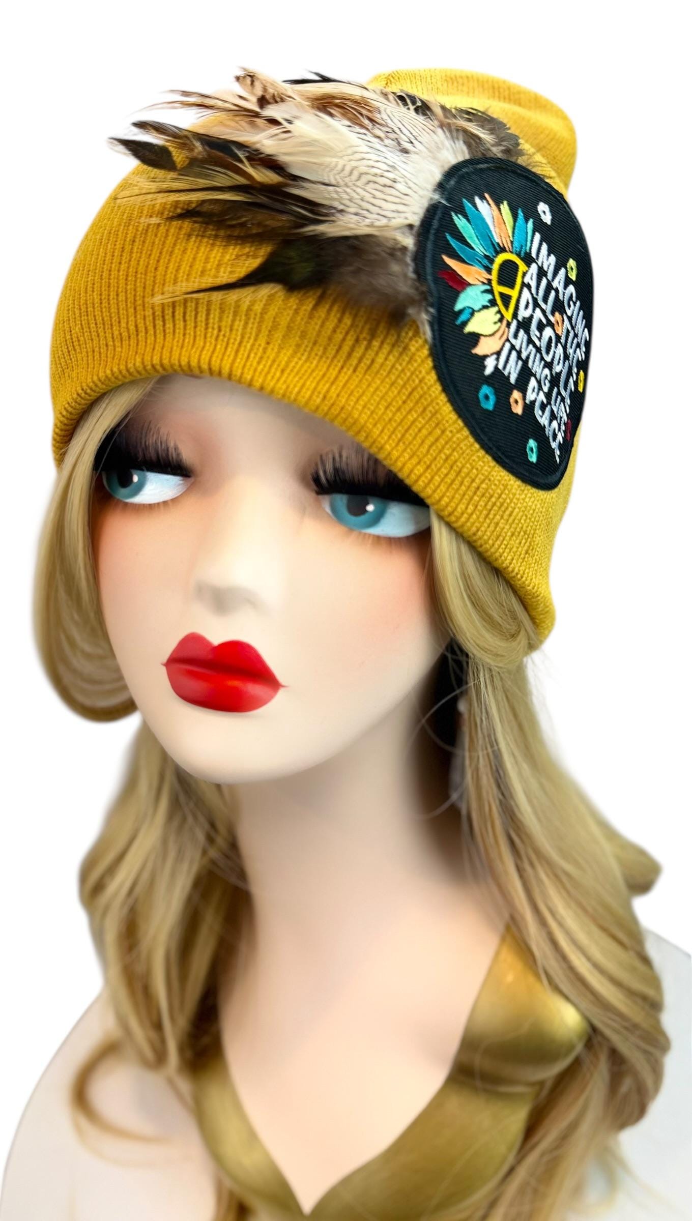 Peaceful Dreams Statement Patchwork and Feather Adorned Avant-Garde Fashionable Trucker & Beanie Hat
