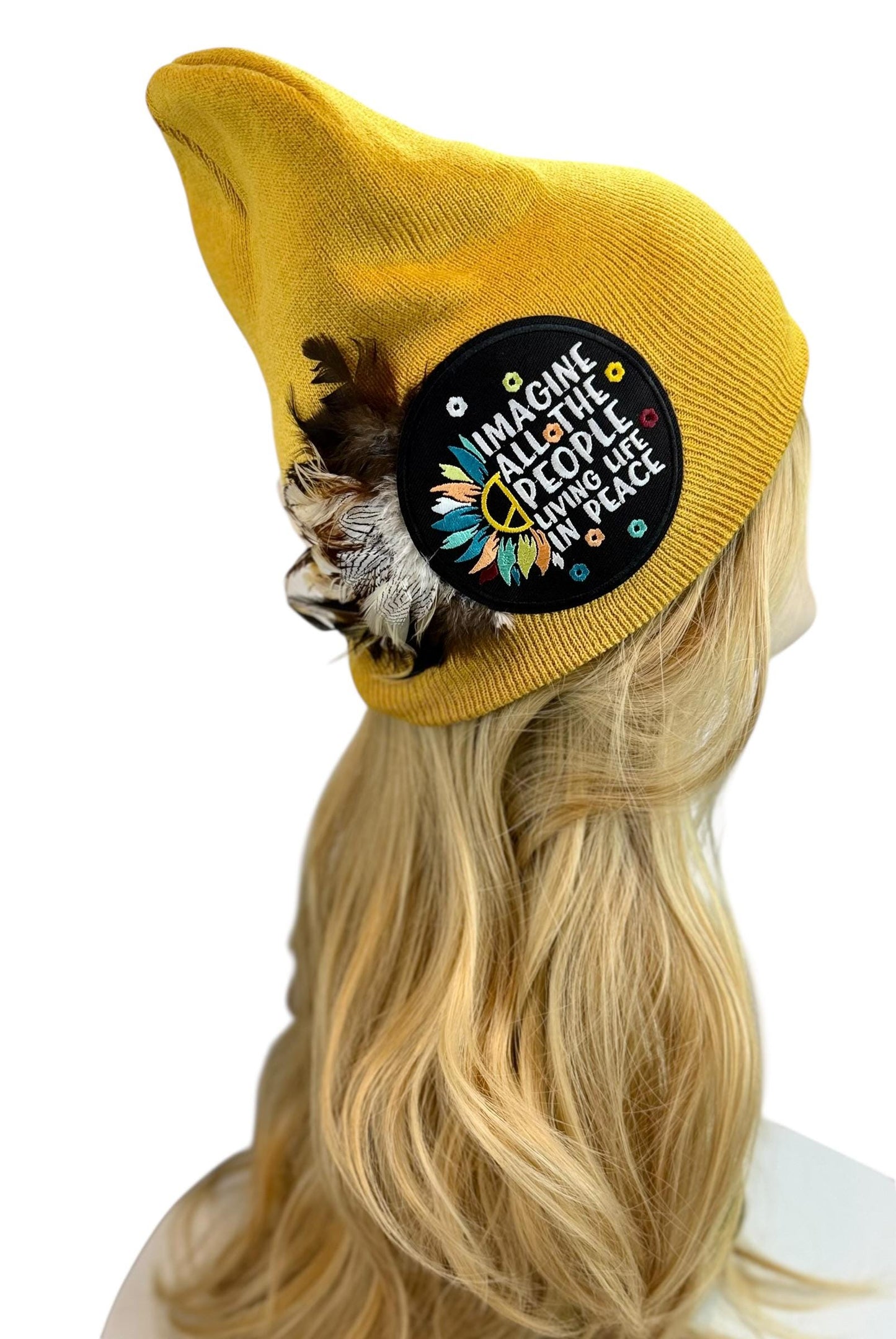 Peaceful Dreams Statement Patchwork and Feather Adorned Avant-Garde Fashionable Trucker & Beanie Hat