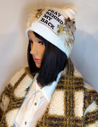 NEW Style Statement “Pray Behind My Back” Patchwork Jeweled Fashionable Winter Hat