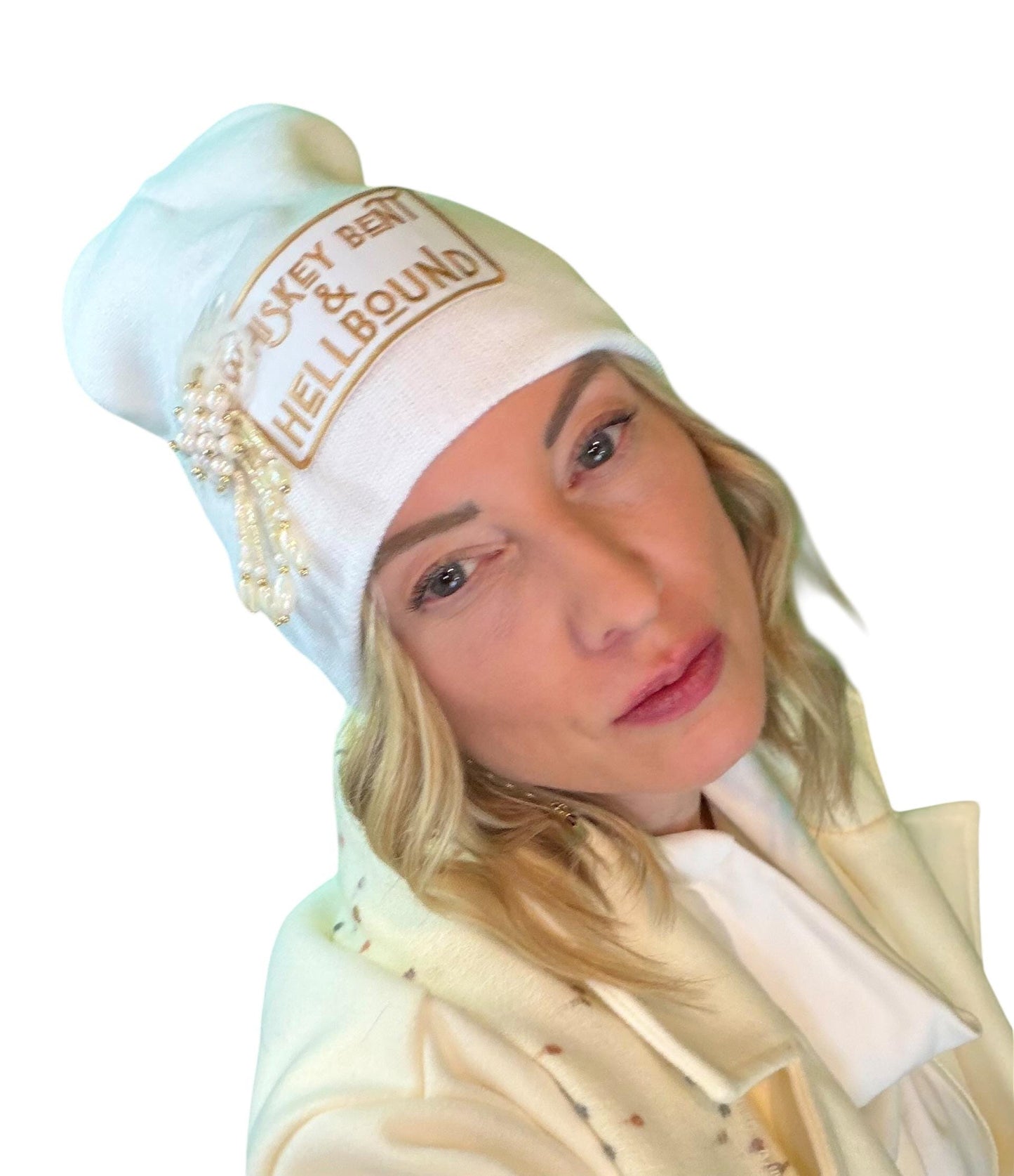 Whiskey Bent & HellBound Statement Patchwork Vintage Jeweled Embellished Fashionable Beanie
