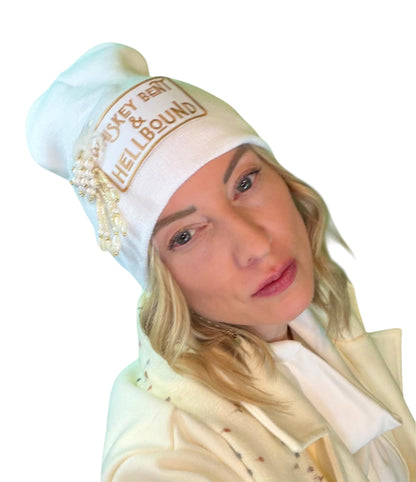 Whiskey Bent & HellBound Statement Patchwork Vintage Jeweled Embellished Fashionable Beanie