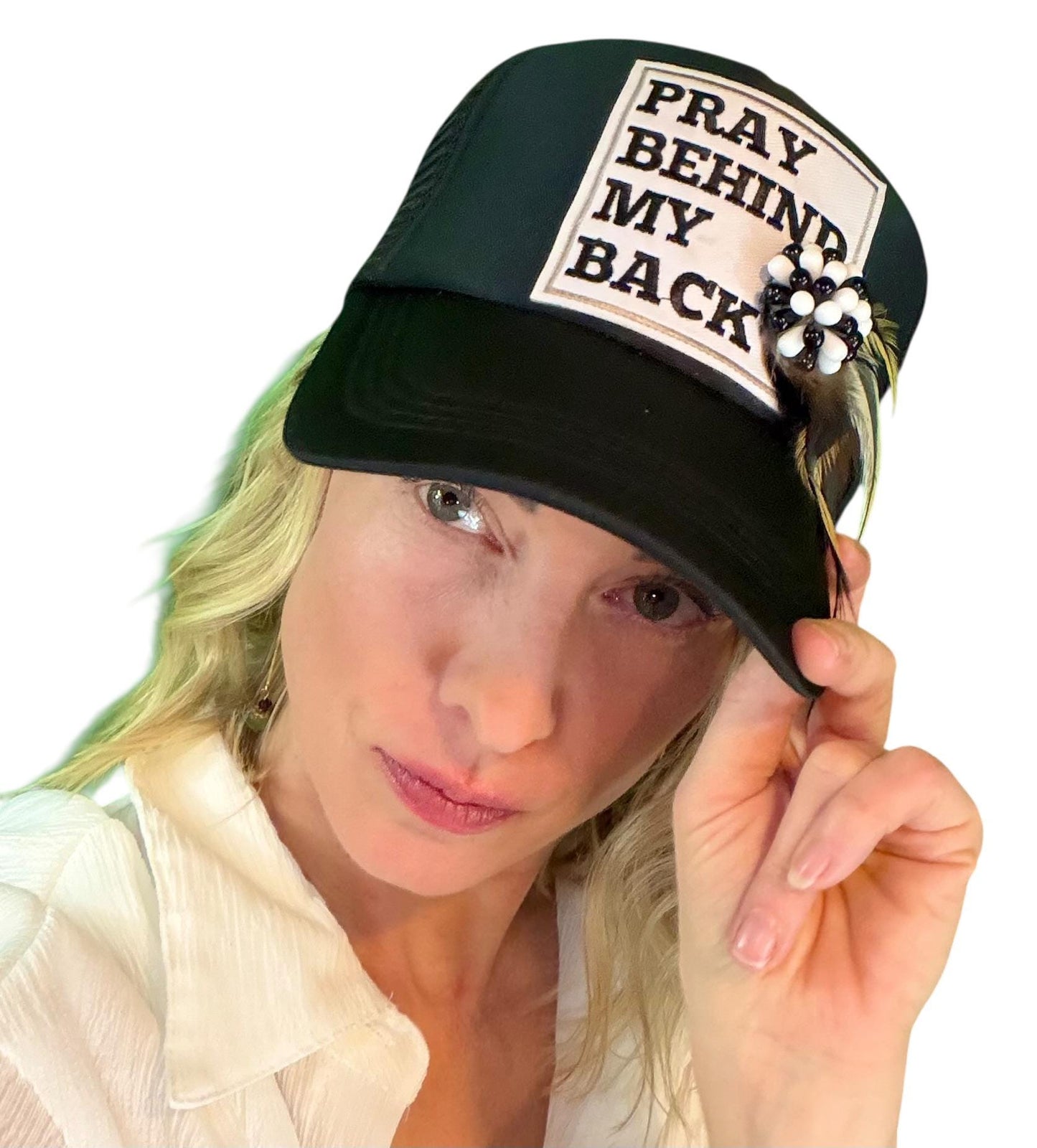 NEW Style Statement “Pray Behind My Back” Patchwork Jeweled Trucker Hat