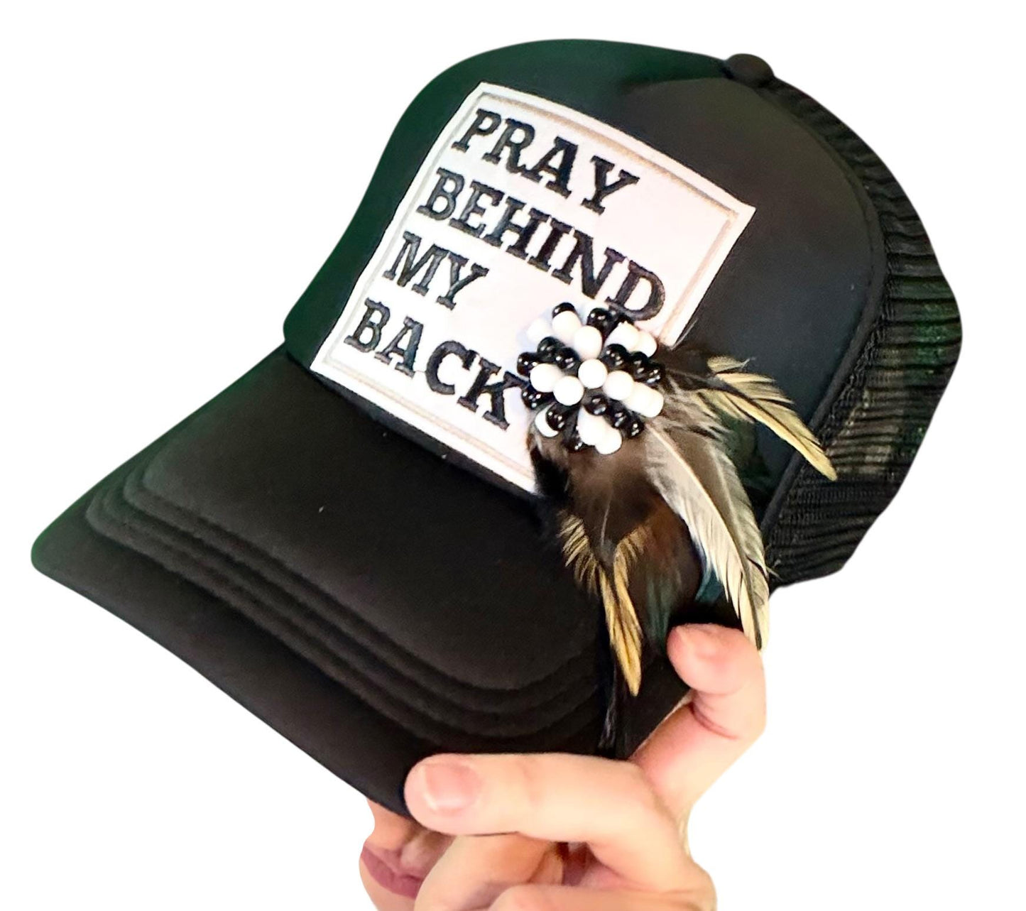 NEW Style Statement “Pray Behind My Back” Patchwork Jeweled Trucker Hat