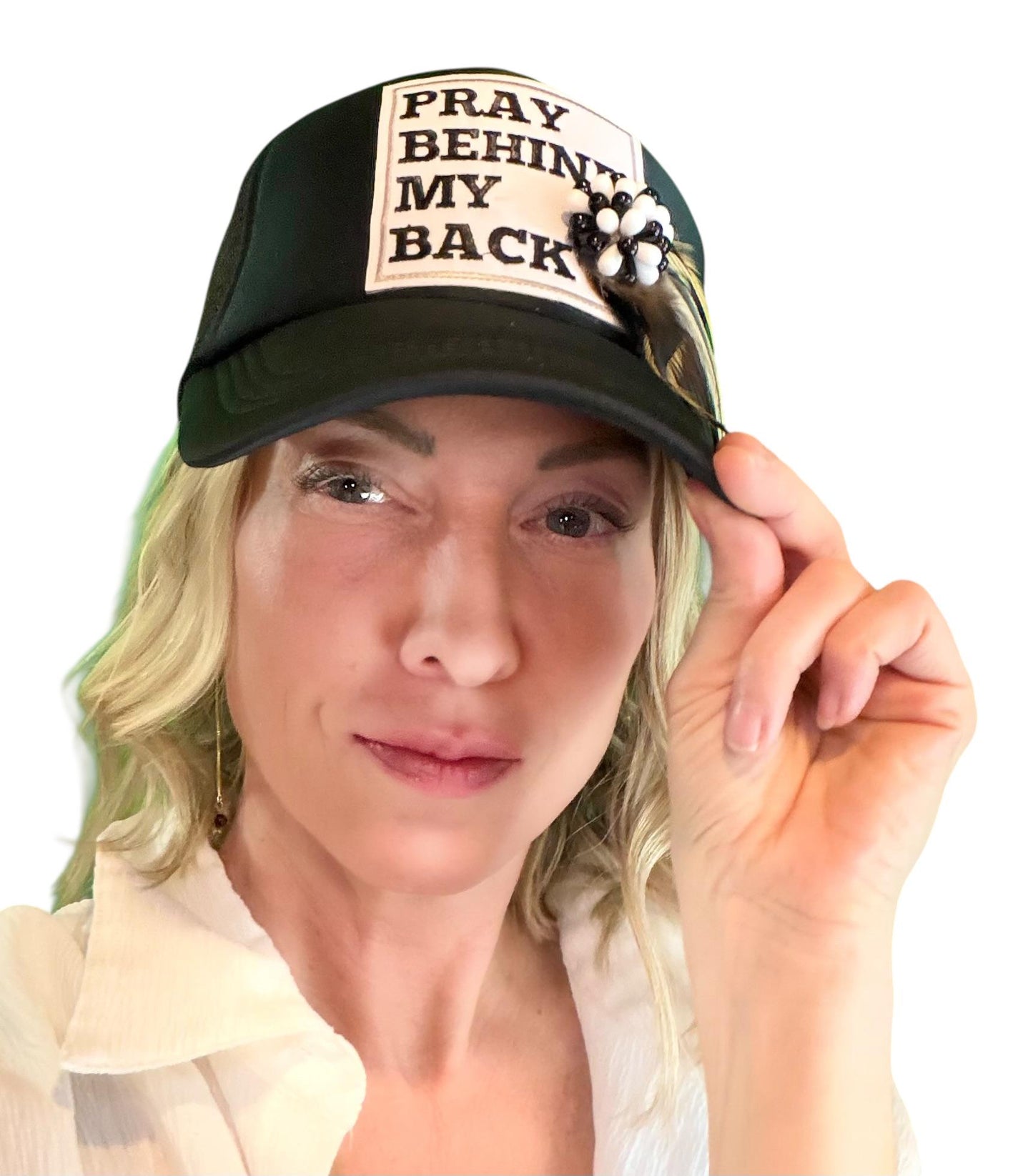 NEW Style Statement “Pray Behind My Back” Patchwork Jeweled Trucker Hat