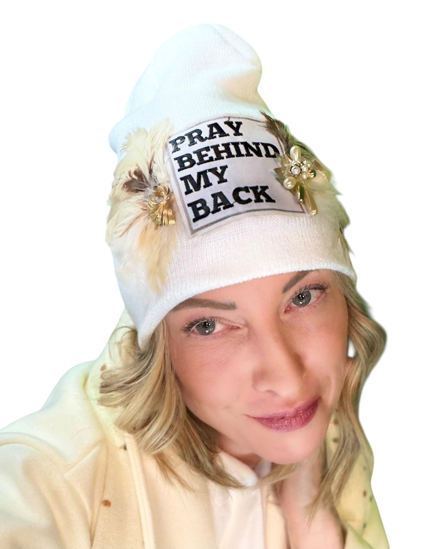 NEW Style Statement “Pray Behind My Back” Patchwork Jeweled Fashionable Winter Hat