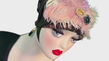 Fancy Feathered Jeweled Knit Hat - Sparkly Winter Flapper Beanie - Luxury Skiing Hat