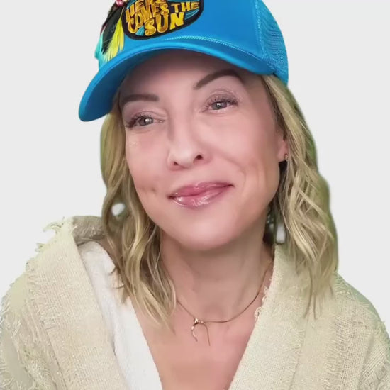 Fresh Start To A New Day Statement “Here Comes The Sun” Patchwork Feathered & Jeweled Trucker Hat