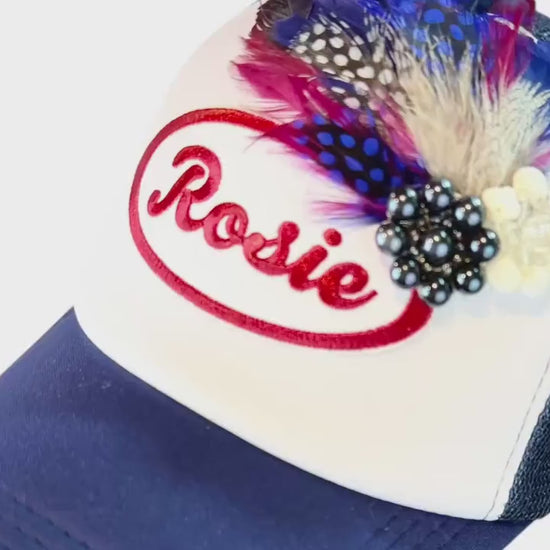 Make Heaven Crowded Statement Patchwork Feathered & Jeweled Avant-Garde Fashionable Trucker Hat