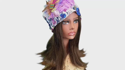 Butterfly Gardens Inspired Feathered & Vintage Jeweled Sparkly Flapper Beanie
