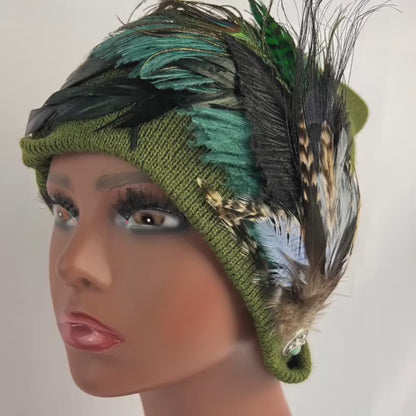 Green With Envy Fancy Flapper Style Vintage Jeweled Slouchy Knit Hat with Feather Accents