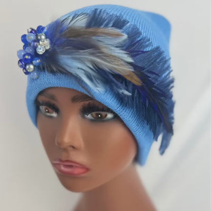 NAVY BLUE Collection - Embellished Feathered & Jeweled Sparkly Knit Hat