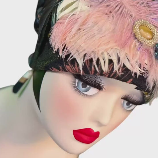 Fancy Feathered Jeweled Knit Hat - Sparkly Winter Flapper Beanie - Luxury Skiing Hat