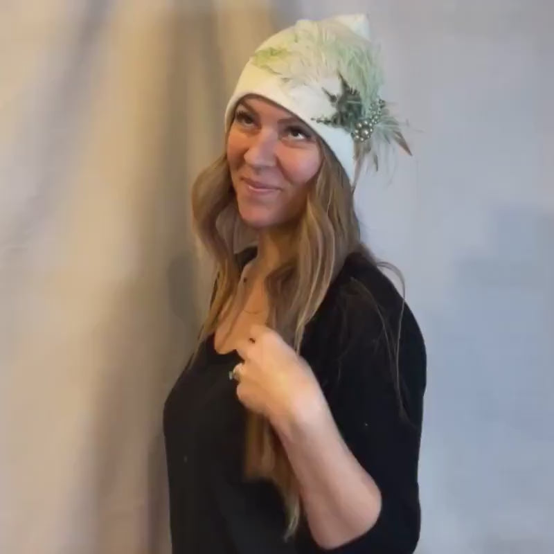 Butterfly Inspired Feathered & Jeweled Fancy Knit Hat - Sparkly Elegant Skiing Hat