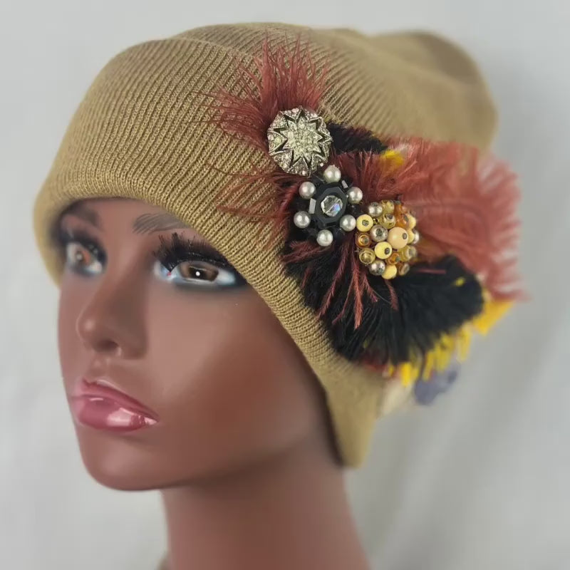 Vibrant Color Pop - Boho Fancy Feathered Jeweled Knit Beanie Winter Flapper Vintage Style