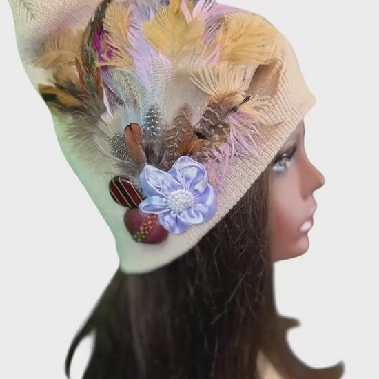 Fancy Feathered Jeweled Knit Hat - Sparkly Winter Flapper Beanie - Luxury Skiing Hat