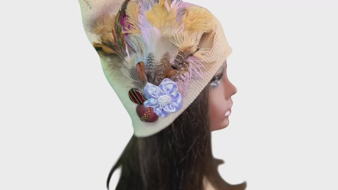 Fancy Feathered Jeweled Knit Hat - Sparkly Winter Flapper Beanie - Luxury Skiing Hat
