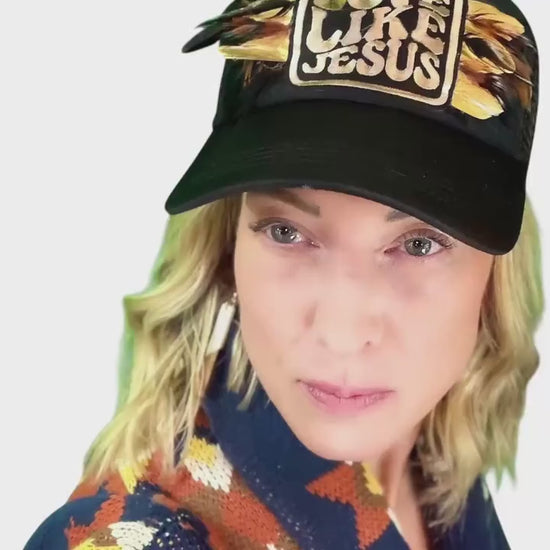 Stylish & Unique Statement Patchwork “Love Like Jesus” Feathered Trucker Hat