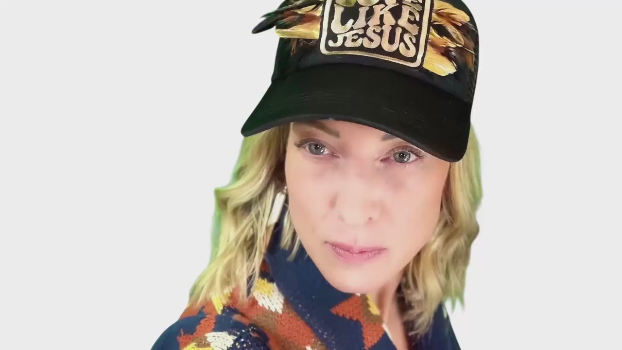 Stylish & Unique Statement Patchwork “Love Like Jesus” Feathered Trucker Hat