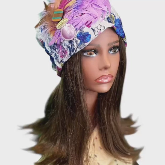 Fancy Feathered Jeweled Beanie Hat - Floral Winter Flapper Beanie - Luxury Skiing Hat