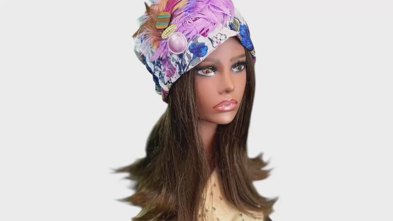 Fancy Feathered Jeweled Beanie Hat - Floral Winter Flapper Beanie - Luxury Skiing Hat