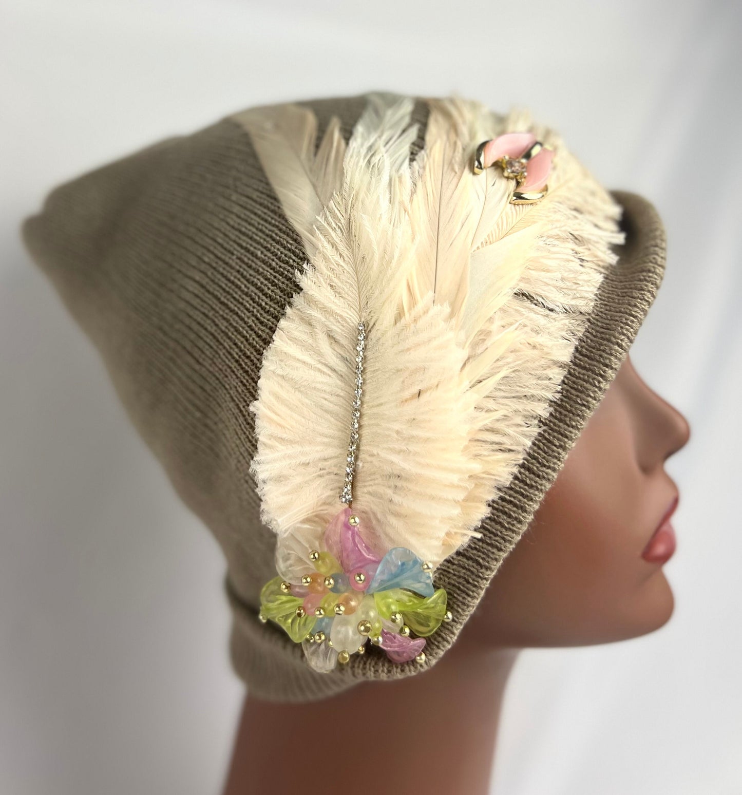 Embellished Feathered & Jeweled Knit Hats