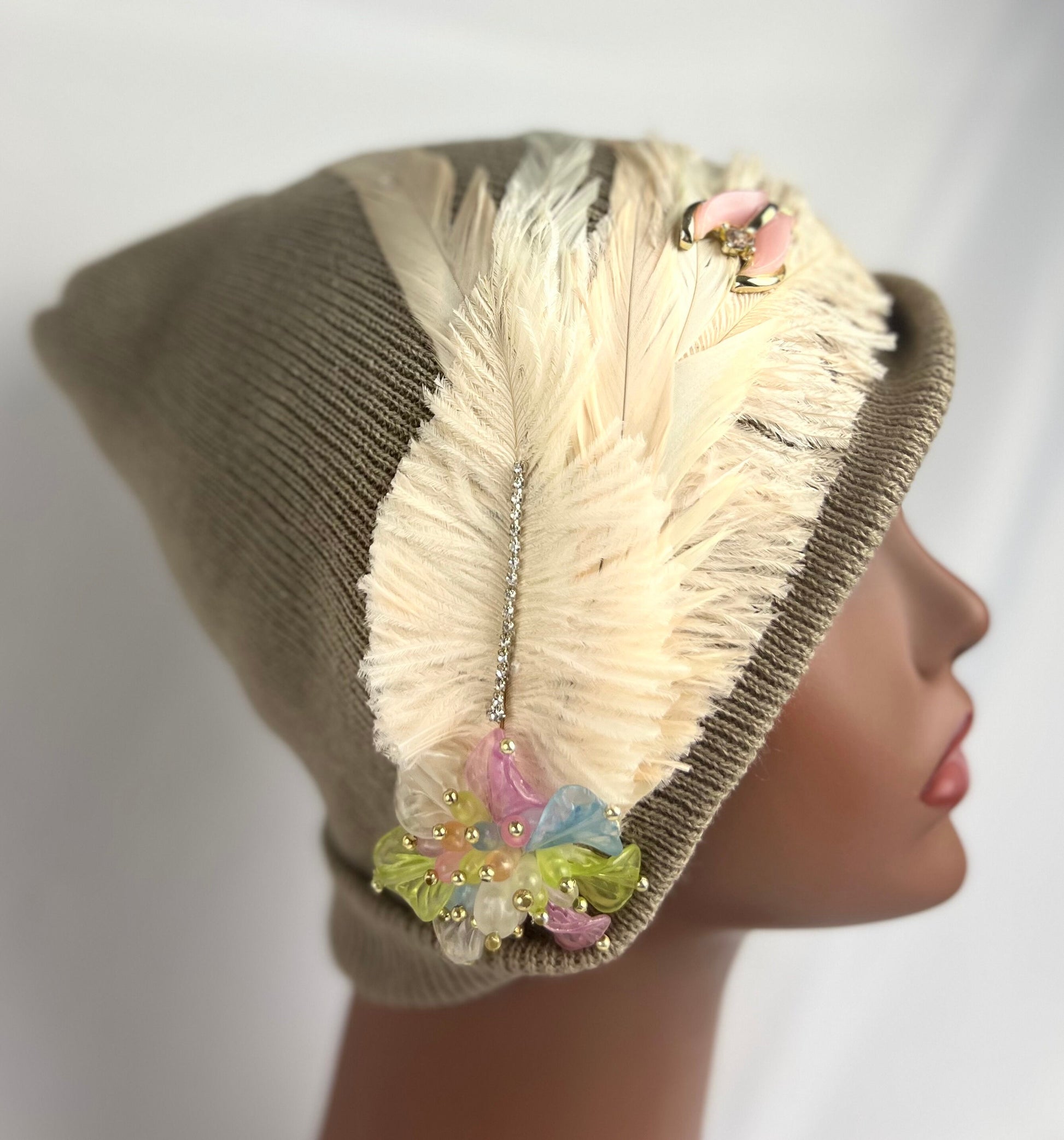 Embellished Feathered & Jeweled Knit Hats