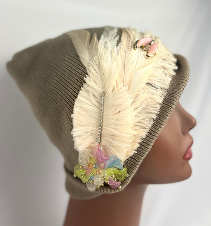 Embellished Feathered & Jeweled Knit Hats