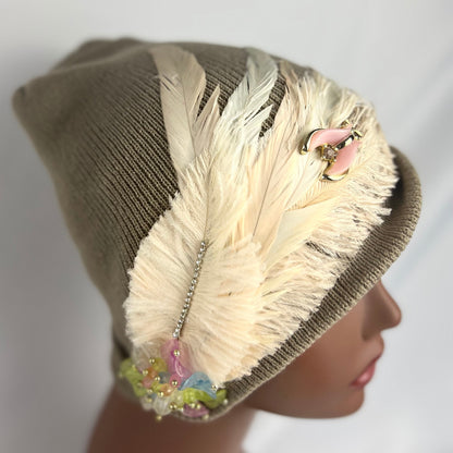 Embellished Feathered & Jeweled Knit Hats