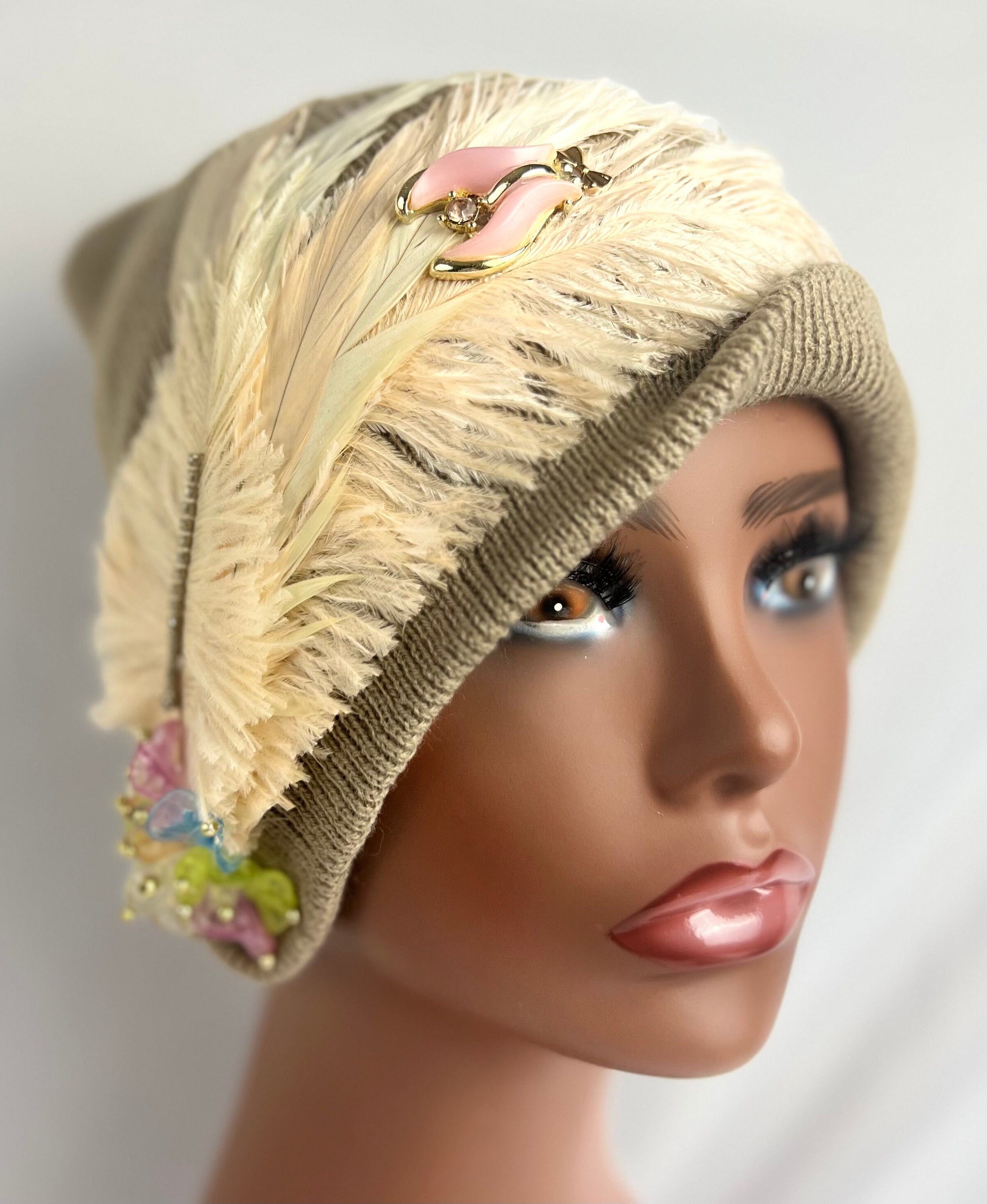 Embellished Feathered & Jeweled Knit Hats