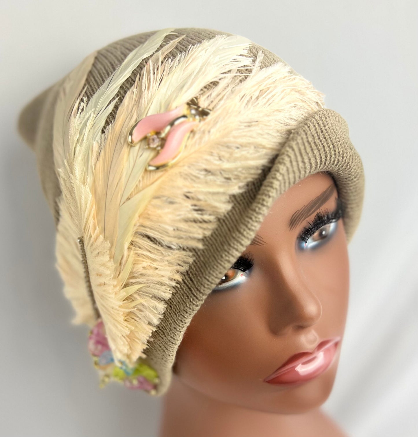 Embellished Feathered & Jeweled Knit Hats