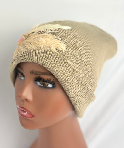 Embellished Feathered & Jeweled Knit Hats