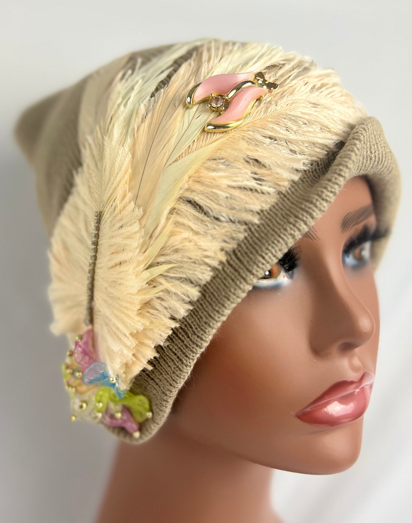Embellished Feathered & Jeweled Knit Hats