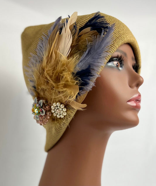 Embellished Feather & Jeweled Knit Hat