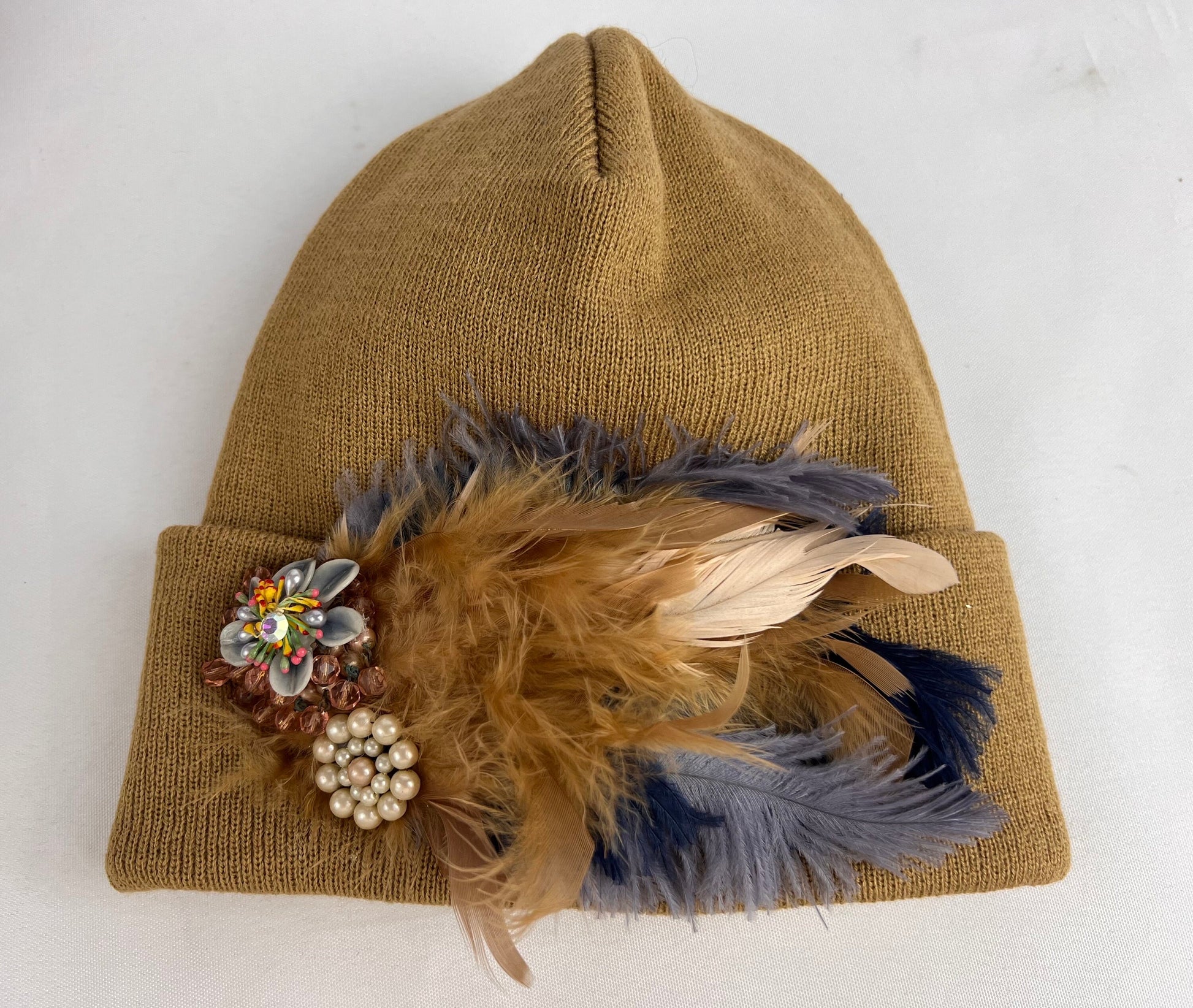 Embellished Feather & Jeweled Knit Hat