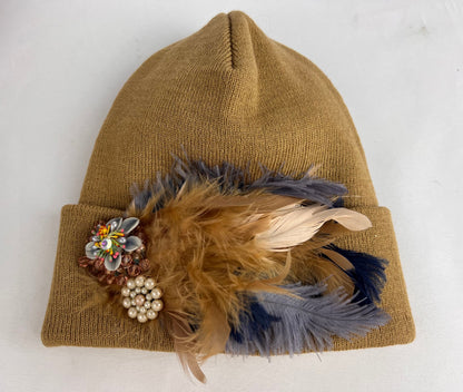 Embellished Feather & Jeweled Knit Hat