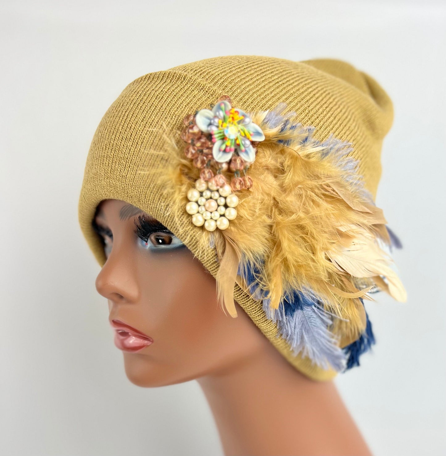 Embellished Feather & Jeweled Knit Hat